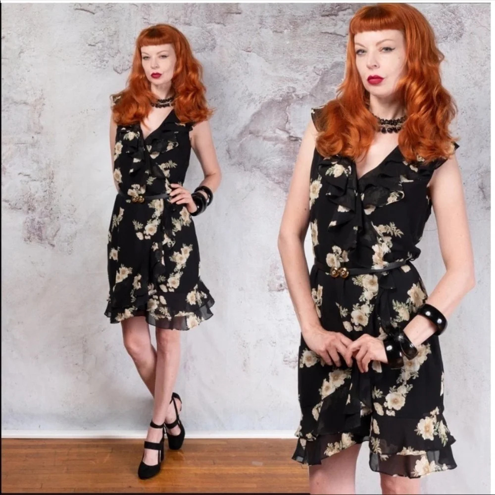 Bardot Floral Print Ruffled Faux-Wrap Cap Sleeve Dress Dark Romantic Size 6 - Picture 2 of 9